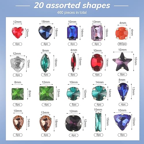 Miniatura 3 de 460 piezas de diamantes de imitación para coser de vidrio, piedras preciosas y cristales de metal en la parte trasera de punta, diamantes