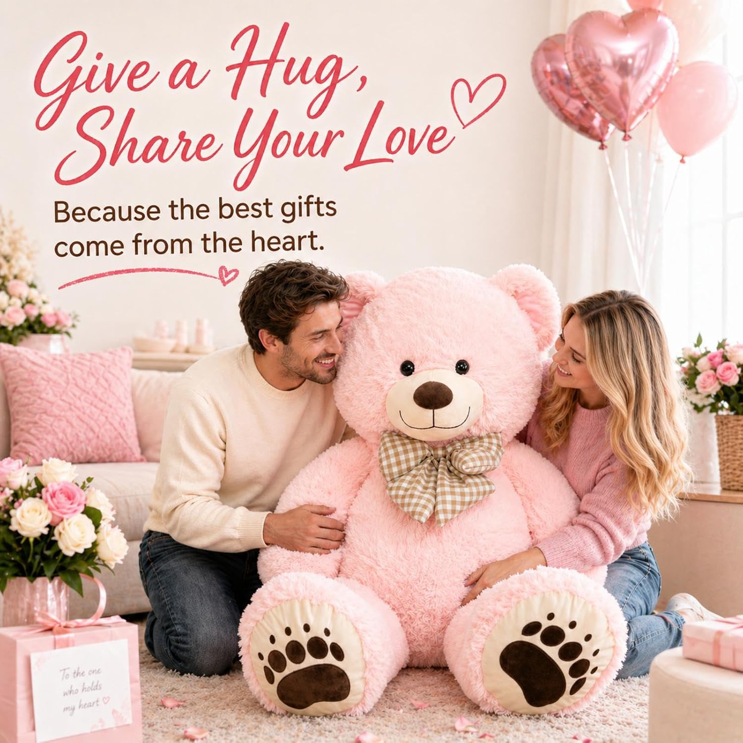 Giant Teddy Bear 4 Feet, Pink Lifesize Jumbo Soft Plush Stuffed Animal with Bow Tie & Big Belly for Kids Girls Boys, Oversized Hugging Bear Birthday Gift for Girlfriend Valentines Christmas