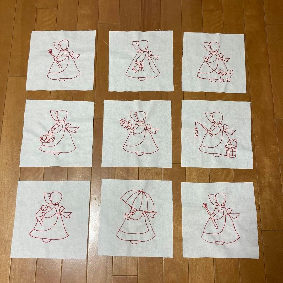 刺繍 キルトトップ 9枚セット レッドワーク スー パッチワーク