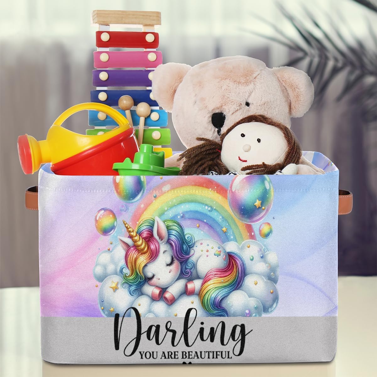 Small Storage Basket Rainbow Cute Unicorn With Handles Kids Toy Storage Bin Collapsible Fabric Cube Storage Organizer Hamper for Nursery Living Room Bedroom Shelves Clothes Toy Box Gifts Decorate