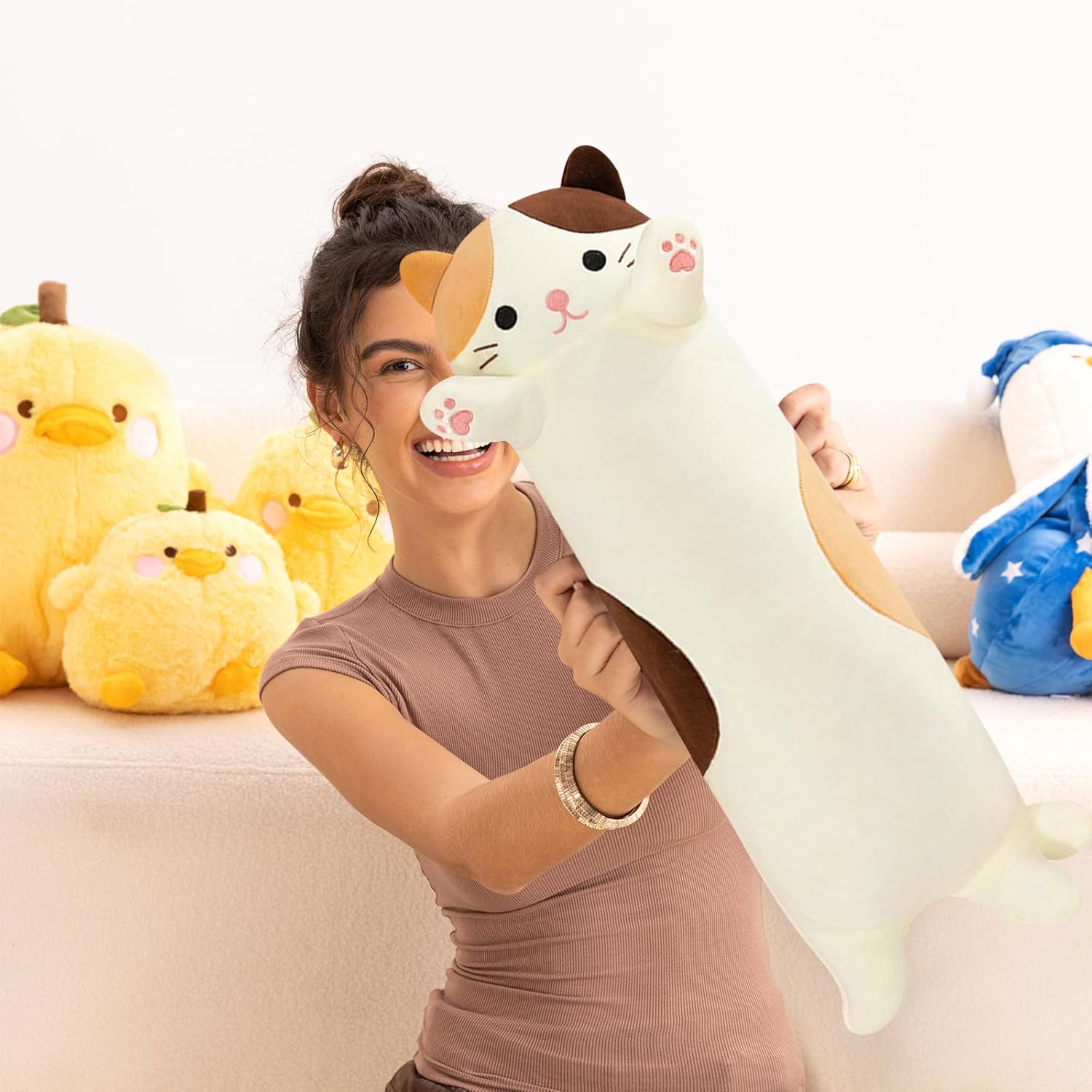 PEACH CAT 43.3" Long Cat Plush Pillow Cute Kitten Stuffed Animals Soft Plushies Toy Gifts for Kids Beige