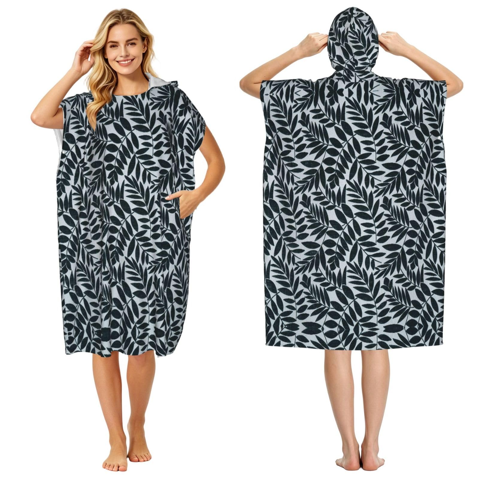 EZDLOWVBA Black Leaves Print Hooded Poncho Microfiber Beach Towel,Adult Women & Men Changing Robe,Lightweight Summer Surf Swim Bath Poncho Towel