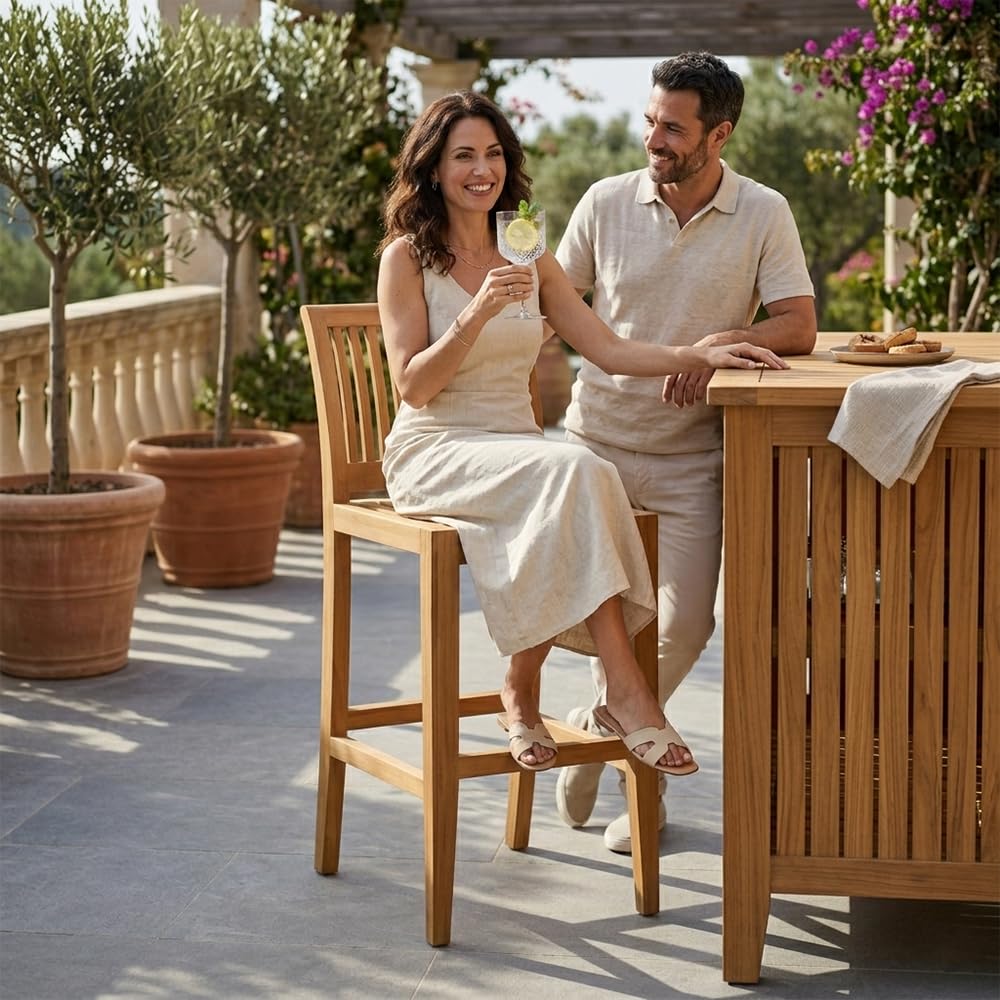 TABOURET TABOURET wysoki stołek barowy z drewna tekowego, do ogrodu, patio i kuchni na zewnątrz, wysokie siedzisko z ergonomicznym oparciem z drewna tekowego Golden | 115 x 57 x 45 cm