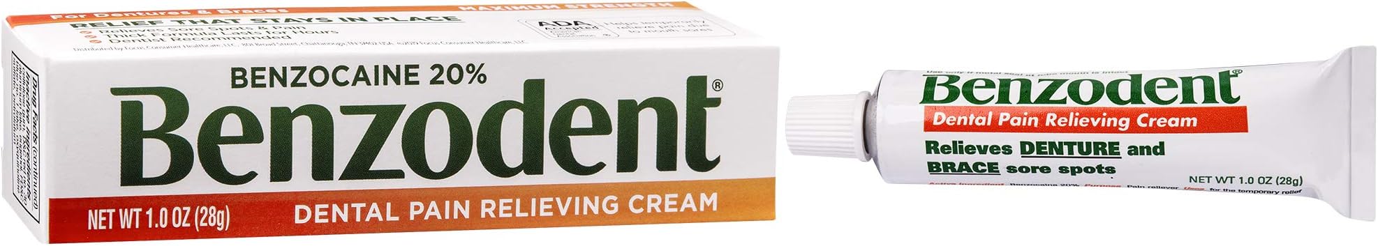 Benzodent Maximum Strength Dental and Oral Pain Relieving Cream for Dentures, Mouth Sores, and Braces, Long lasting Topical Anesthetic, 1oz