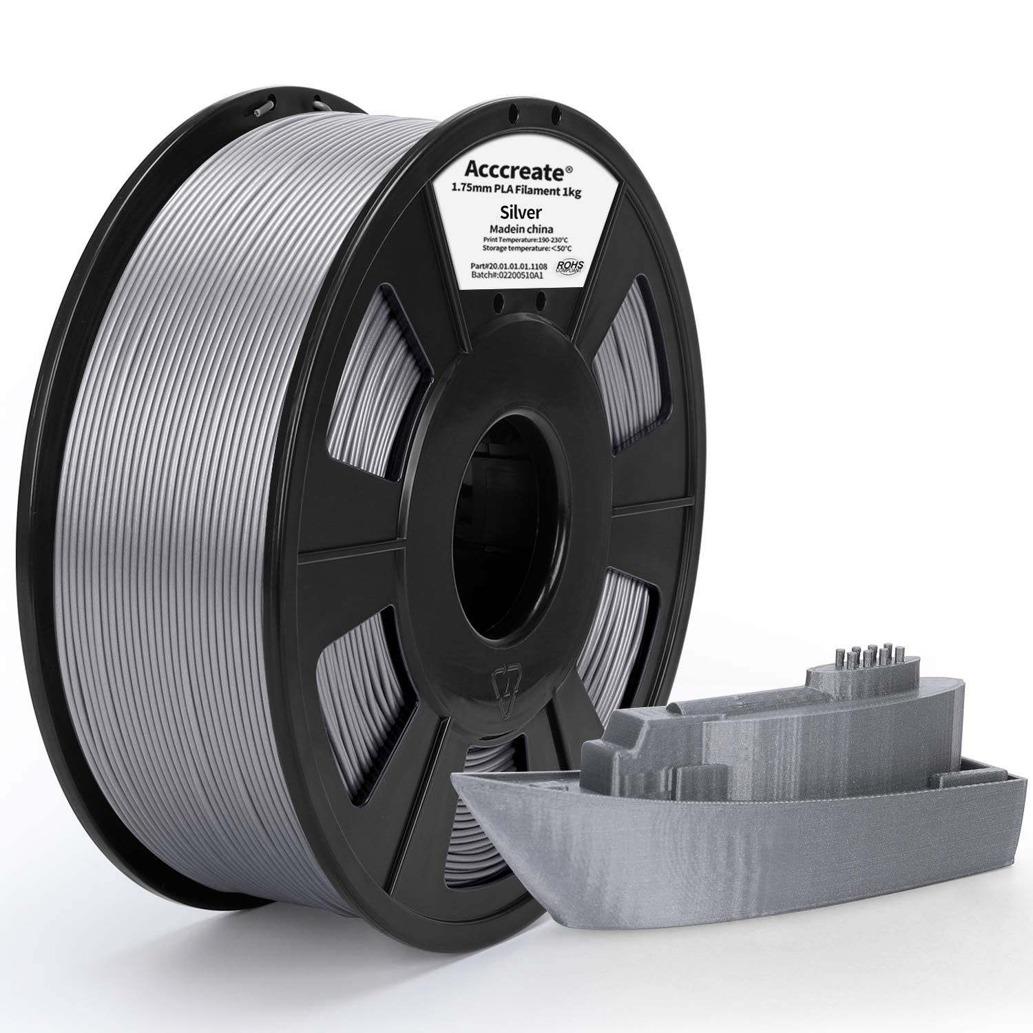 ACCCREATE 1.75mm PLA Filament, 3D Printer Filament, Dimensional Accuracy +/- 0.03 mm, 2.2 LBS(1 KG) Spool, Filament for 3D Printers,Silver