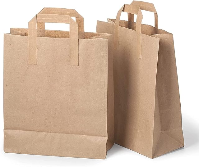 FIRST CHOICE KAYA Brown Paper Carrier Bag With Flat Handles Medium Size Ideal For Party Bags Gift Sandwich Food Takeaway Shopping 18 X 21 + 9 cm Sold by KAYA LTD (50)