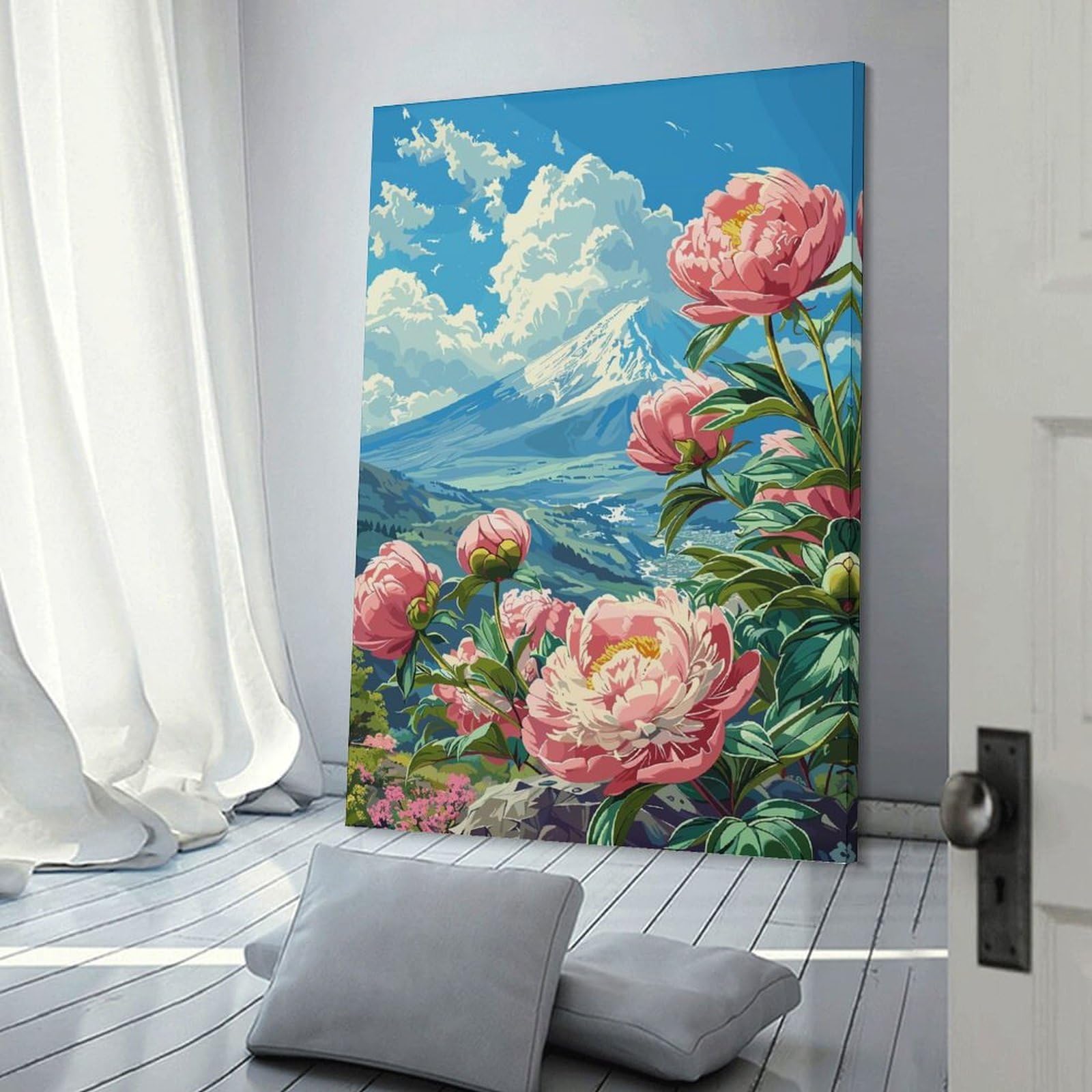 Junmoney Wall Art Print Mount Fuji Peony View, 24x36inch(60x90cm), for Hallway, Bedroom Or Modern Interiors, Thoughtful Wall Decor for Art Lovers