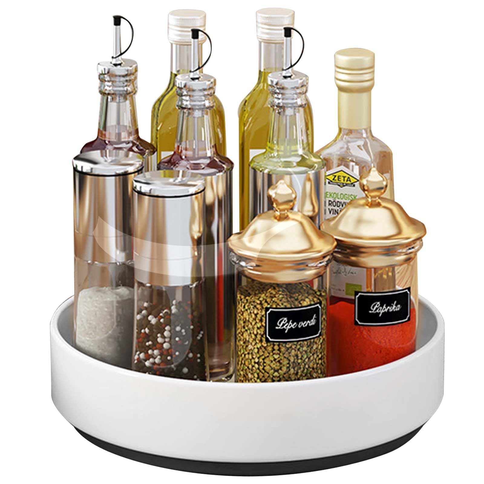 Küche Organizer Drehteller aus Kohlenstoffstahl, 26cm Küchenschrank Drehteller Organizer, Grosse Kapazität Gewürzregal Drehbar Anti Rutsch Küchenlagerungs für Küchenregal Arbeitsplatte (Weiß, 26CM)