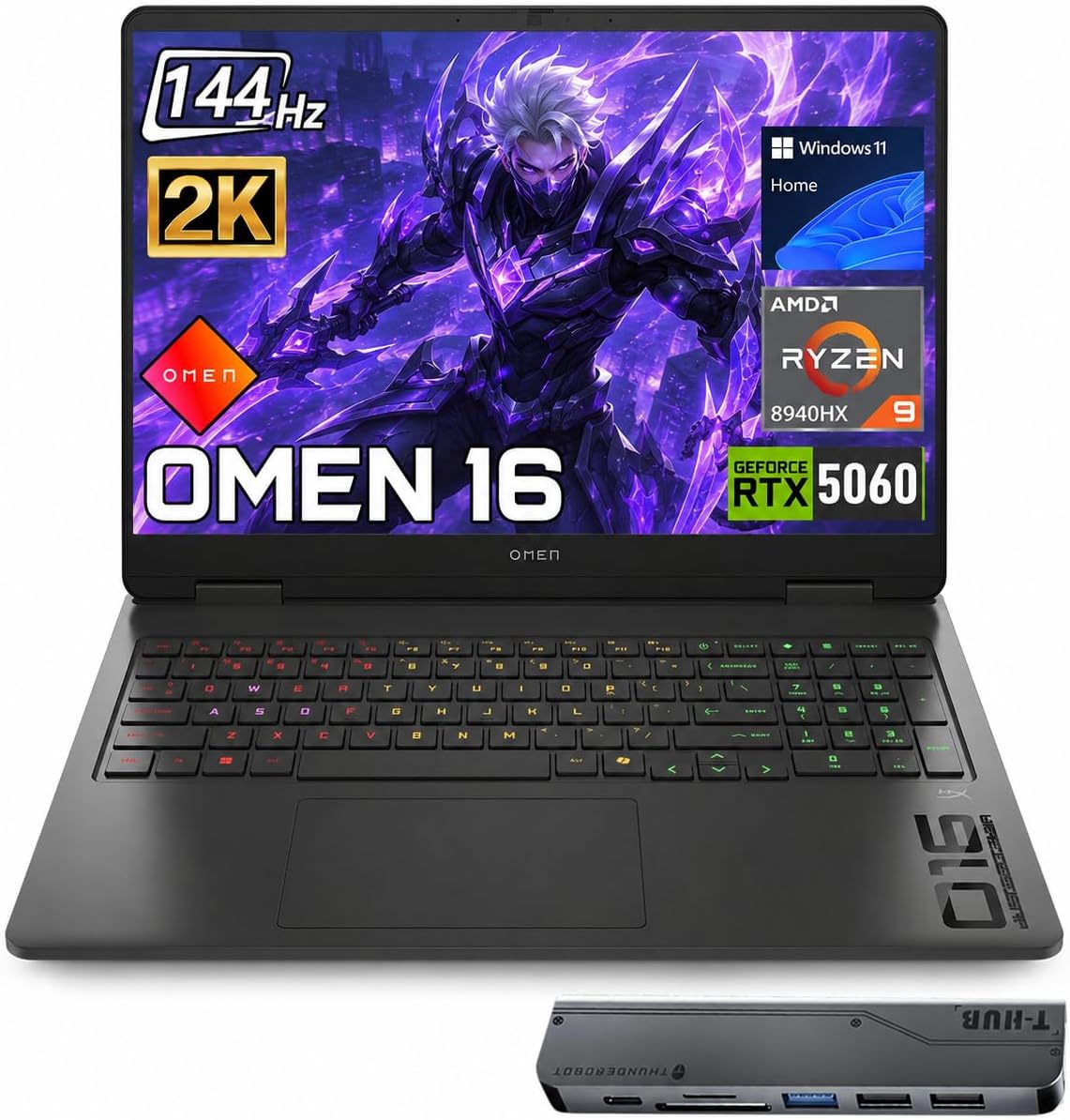 Omen RTX 5060 Gaming Laptop, 16.1" FHD+ 144Hz, AMD Ryzen 9 8940HX, 32GB DDR5 RAM, 1TB SSD, RGB Backlit KB, RJ-45, Bundle with Thunderobot 7 in-1 USB-C Hub, Black, Windows 11 Home