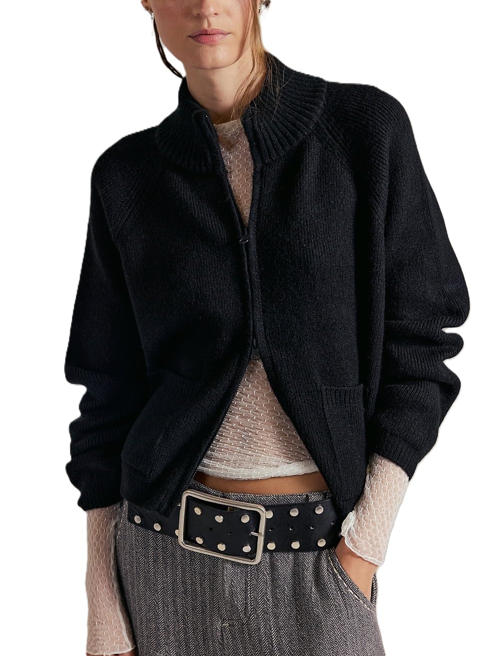 Womens Zip Up Sweater Open Front Long Sleeve Ribbed Knit Zipper Cardigans Stand Collar Sweater Jacket Outwear