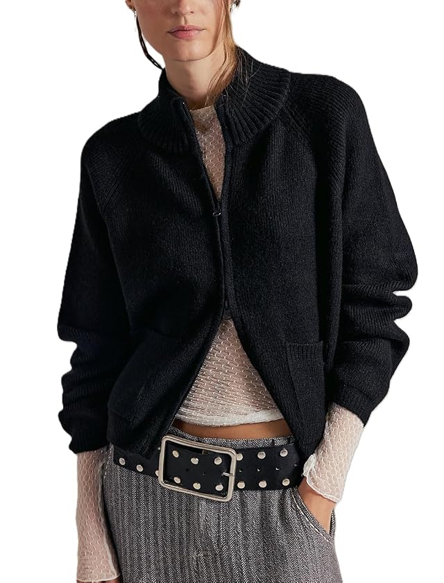 Womens Zip Up Sweater Open Front Long Sleeve Ribbed Knit Zipper Cardigans Stand Collar Sweater Jacket Outwear