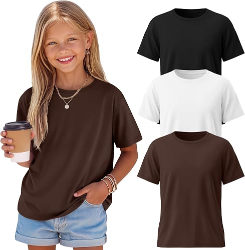 LessonZoo 3 Pack Girls' Shirts Plain Summer Short Sleeve Shirts Crew Neck Tees S