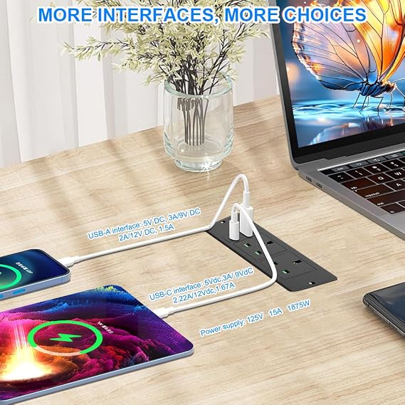 Recessed Power Strip, Desk Power Socket with USB C PD 20W, Recessed Power Socket with Extension Lead, Desk Clamp Power Strip 2 Outlets with 2m Cable, DeskSocket for Home Office(Black）