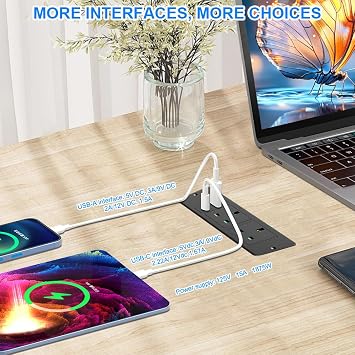 Recessed Power Strip, Desk Power Socket with USB C PD 20W, Recessed Power Socket with Extension Lead, Desk Clamp Power Strip 2 Outlets with 2m Cable, DeskSocket for Home Office(Black)