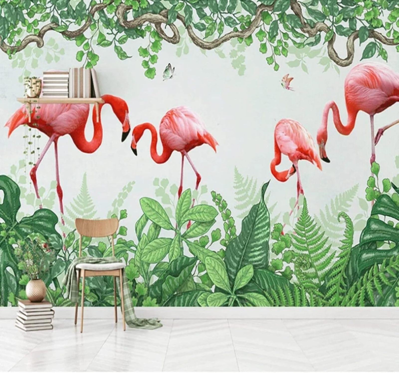 XLMING Hand Drawn Flamingos Green Leaves Butterflies Jungle 3D Wallpaper Luxury Silk Study Dining Feature Sofa Grey Bedroom Living Room Tv Decorative Wall-200cm×140cm