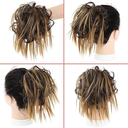 Vista 47 de KETHBE Moño desordenado, moño sintético despeinado, cola de caballo corta con banda elástica de goma para mujeres (negro) Negro,Marrón oscuro,Mezcla