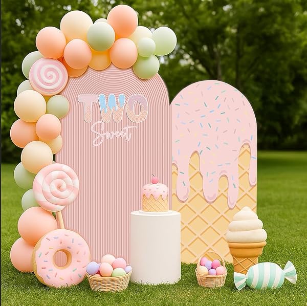 Ellteecz Set of 2 Arch Backdrop Covers Candy Ice Cream Girls Baby Shower Decorations Arch Stretchy Fabric Cover Pink 1st Birthday Party Props (6FT & 5FT,Two Sweet) by ellteecz - Used condition - Image 3