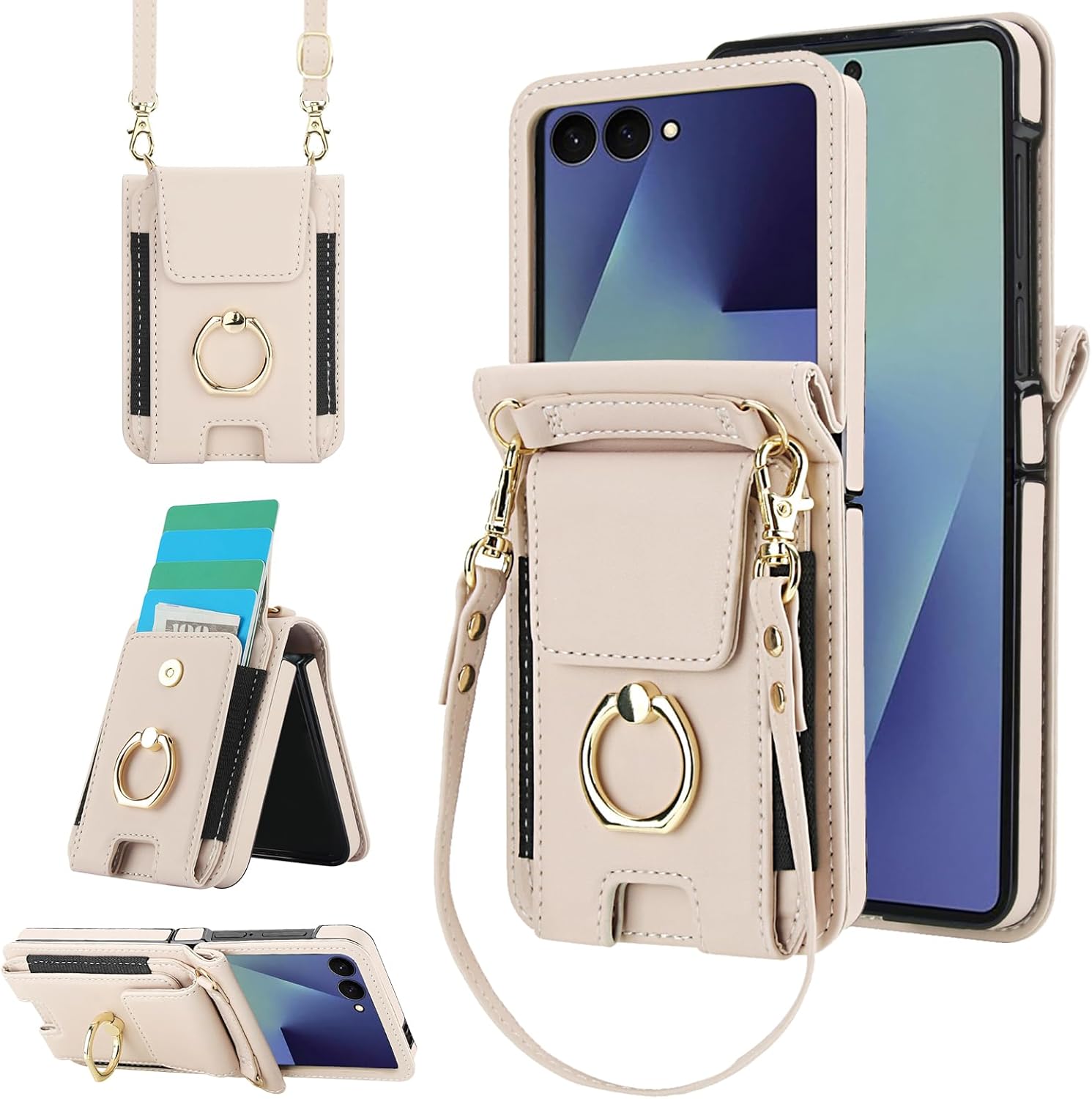 Asuwish Phone Case for Samsung Galaxy Z Flip 7 5G Wallet Cover with Ring Crossbody Wrist Strap Lanyard Credit Card Holder Slot Cell Leather Purse ZFlip 7Z Z7 G Flip7 ZFlip7 Women Men Girls Beige
