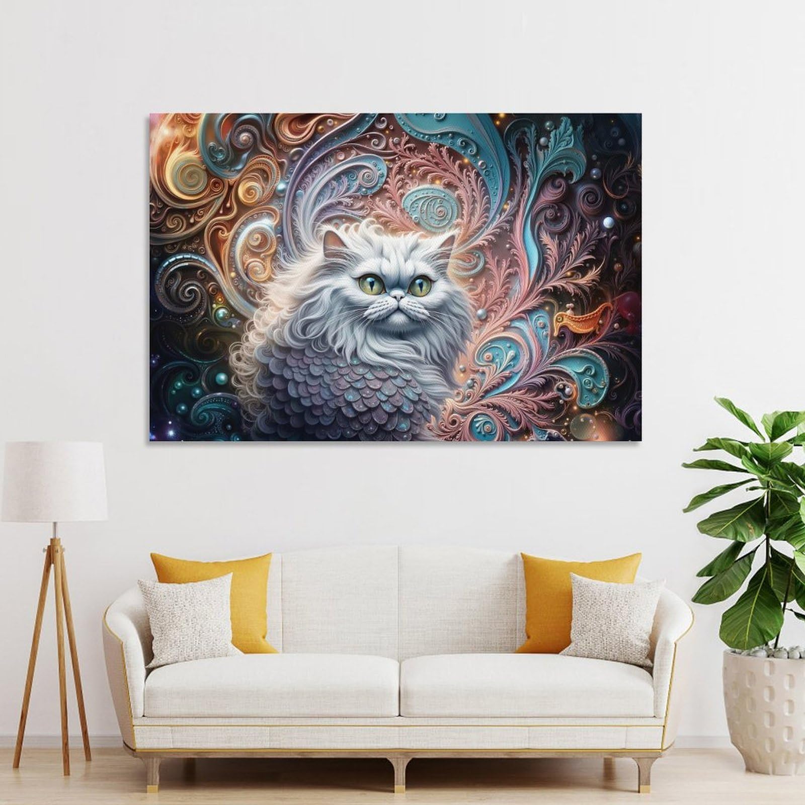 Junmoney Unframe-Style-1 Wall Picture Print White Cat In Ornate Setting, 20X30inch(50X75cm), For Living Room, Bedroom, Office Or Hallway, A Flexible Wall Accent For Shared Spaces