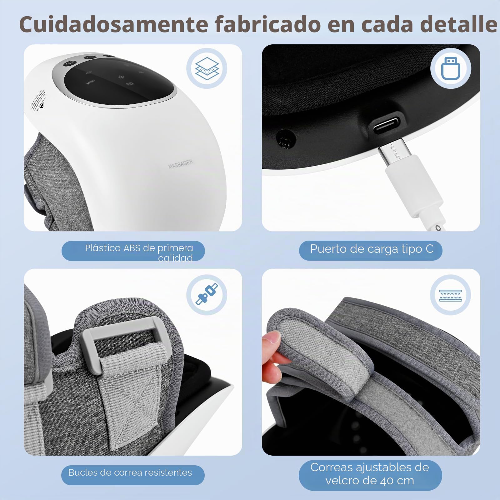 Masajeador de Rodillas Inalámbrico con Calor Rojo, Banda Ajustable 40 cm, USB Tipo-C