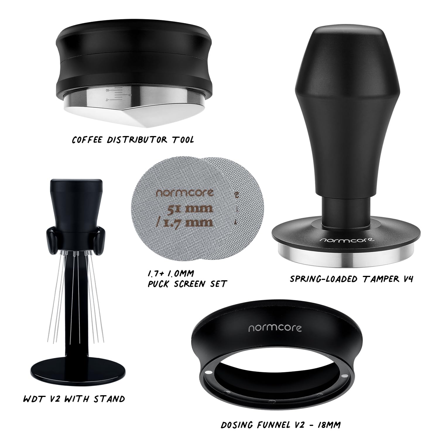 Normcore 51 mm 7-in-1 kompaktes Barista-Set: Kaffeestampfer, Verteilerwerkzeug, WDT, Dosiertrichter, Pucksieb, Stopfmatte, Siebträgerständer, Barista Essentials Kit für 51 mm Delonghi-Kaffeemaschinen