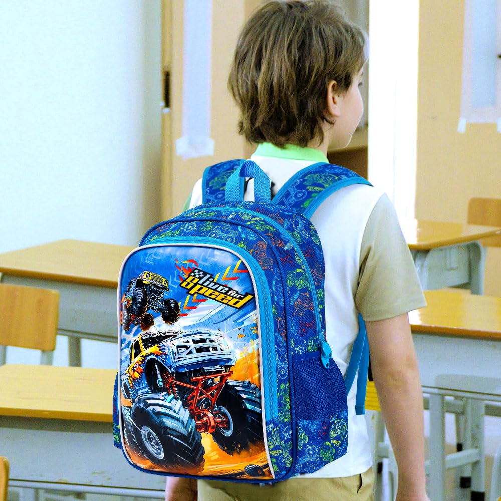 KLFVB 3PCS Boys Truck Backpack, Water Resistant Kids Bookbag with Lunch Box, 16