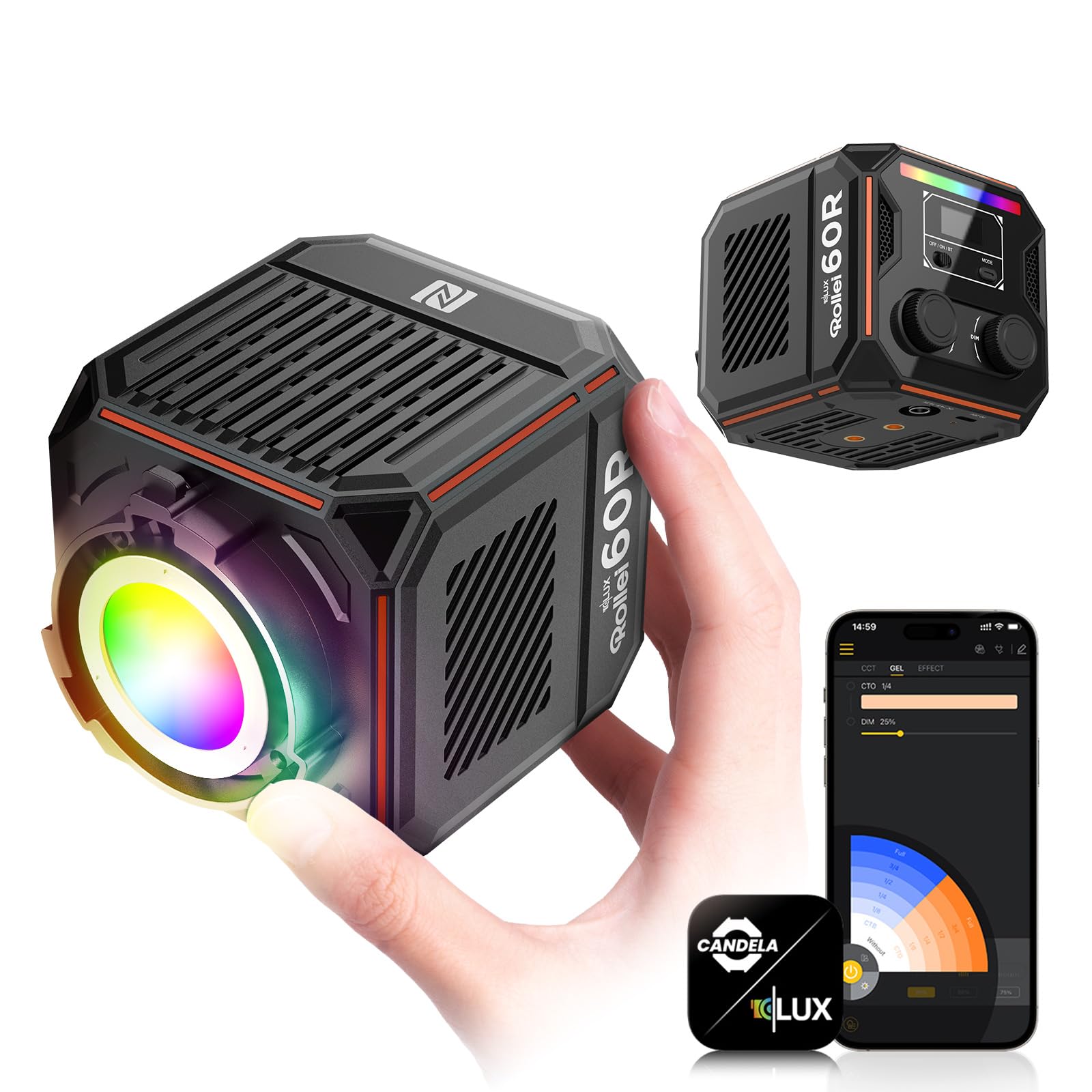 Rollei Lux 60 RGB Cube Foco Led Vídeo con Batería y Carga por DC/Tipo C | 60 W Luz Fotografía Ultra Compacto 911 g Iluminación Continua Control de App Candela, Foco-Luz-Led-Video-Fotografia
