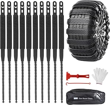 Snow Chains Pack of 10 Universal Winter Tyre Chains 165-255 mm Easy to Assemble Durable Tyres Snow Chains for Car Truck SUV Roadway Snow Roads Cable Tie Type Black