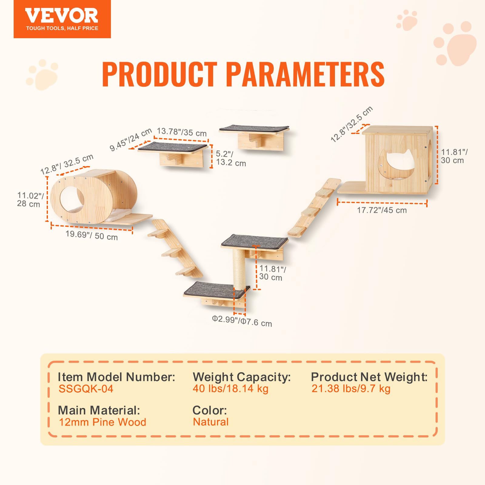 VEVOR Mensole da Parete per Gatti Set da 7, Posatoi Montati a Parete per Gatti con Trampolini, Cucce per gatti, Amache, Set di Mobili da Parete per Gatti Fino a 18,14 kg per Dormire, Arrampicarsi