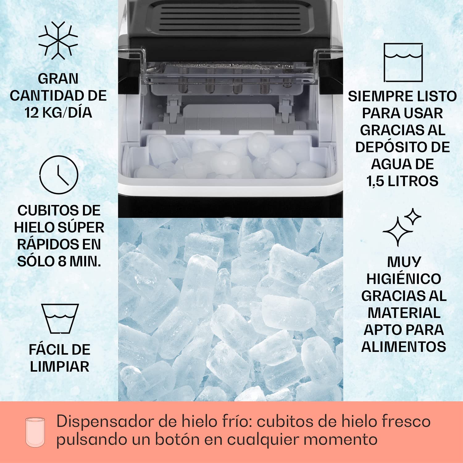 Klarstein Maquina de Hielo para Casa 1,5L, Ice Maker Encimera 12 kg, Maquina para Hacer Cubitos de Hielo Grandes Doméstica para Casa con Panel Táctil y Sistema Fácil Limpieza, Función Rápida