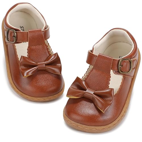 STQ KIDS Baby Girl Shoes Wide Toe Box Mary Jane Flats, Brown, Size I4