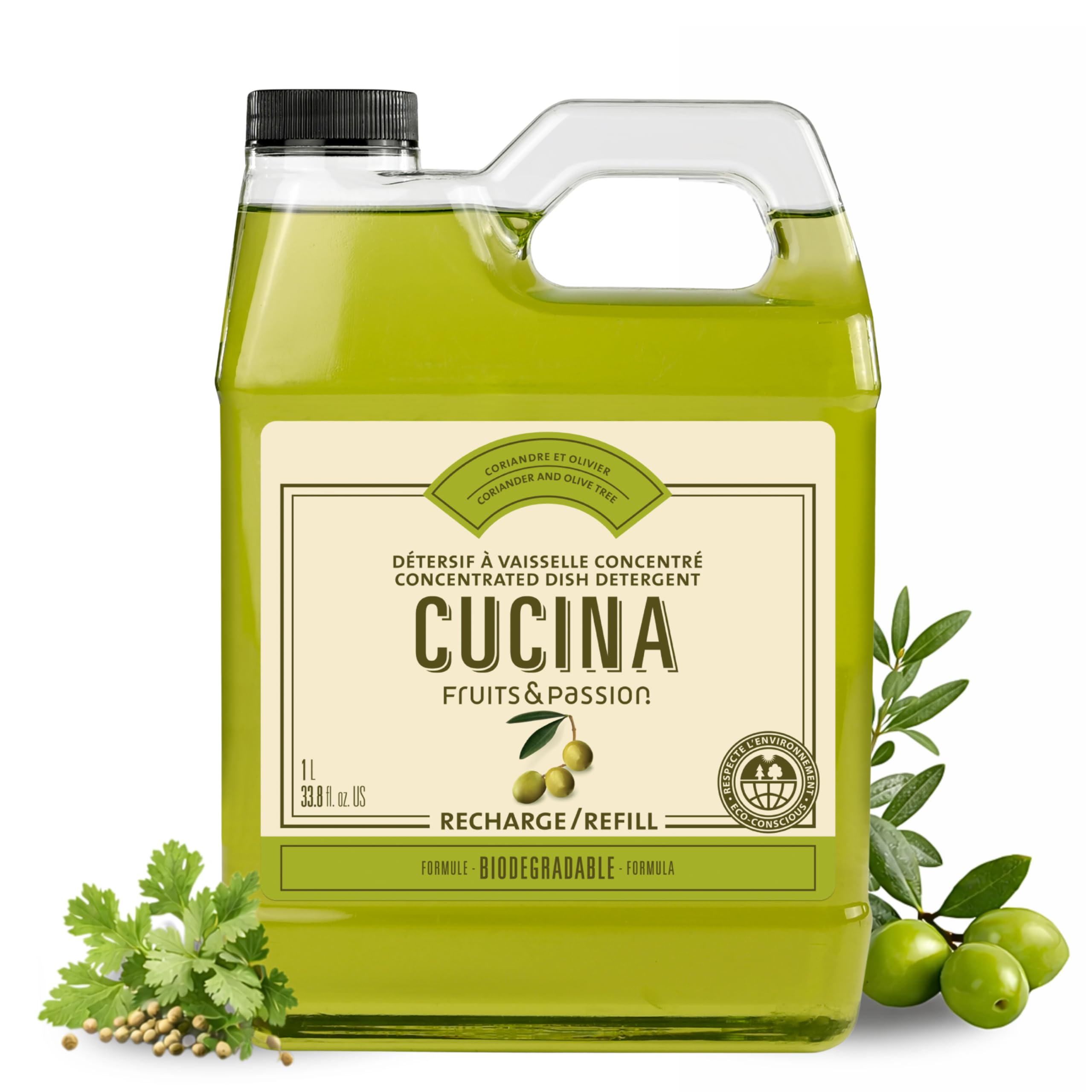 CUCINA Dish Detergent Refill, Coriander & Olive Tree – 33.8 fl oz (1 L) – Concentrated Liquid Dish Soap, Biodegradable Formula, Grease-Cutting Power