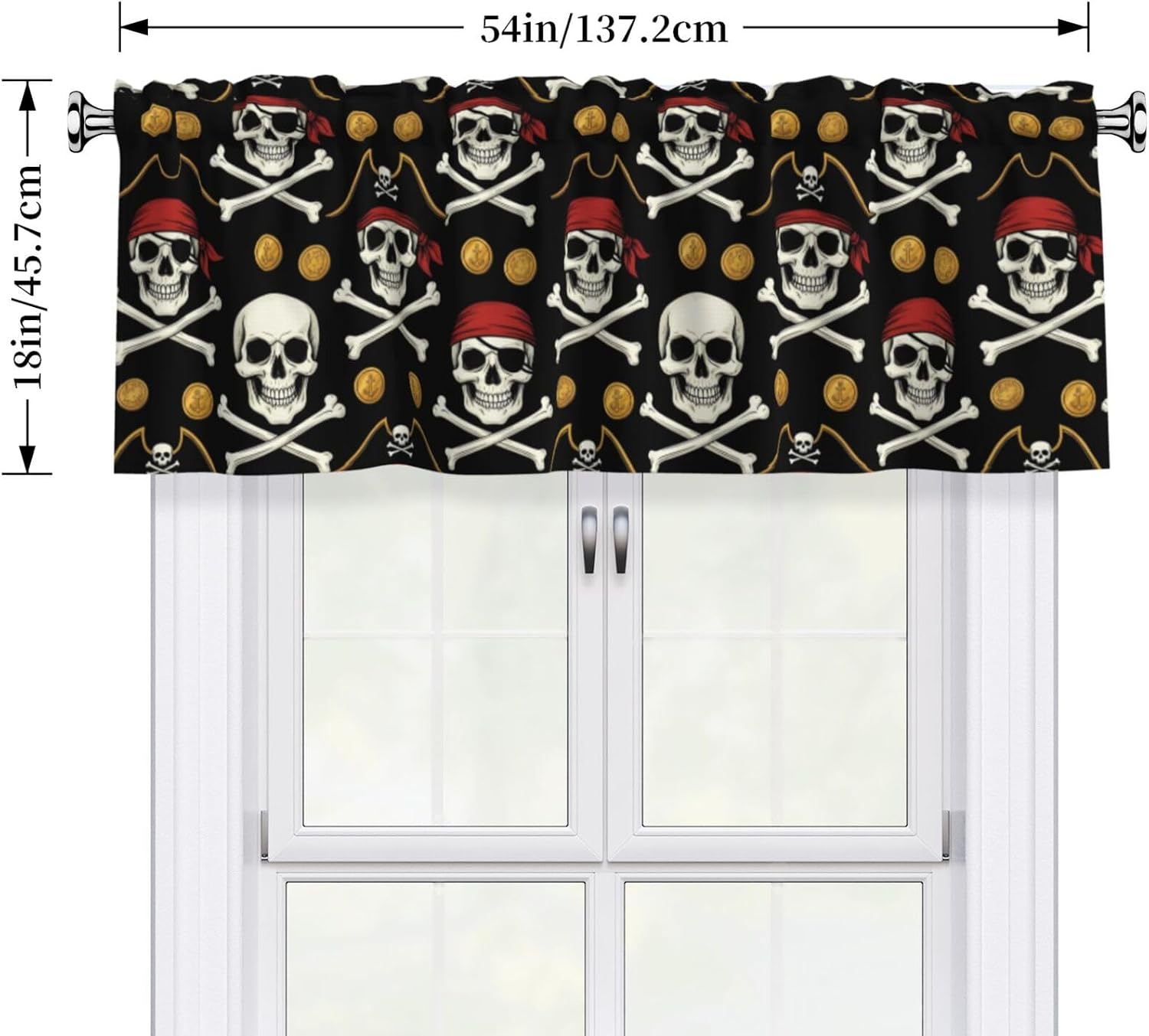 Valance for Windows Pirate Skulls Crossbones Gold Coin Short Curtains Rod Pocket Window Treatment for Kitchen Living Room Bedroom Bathroom Decor 1 Panel, 54x18in