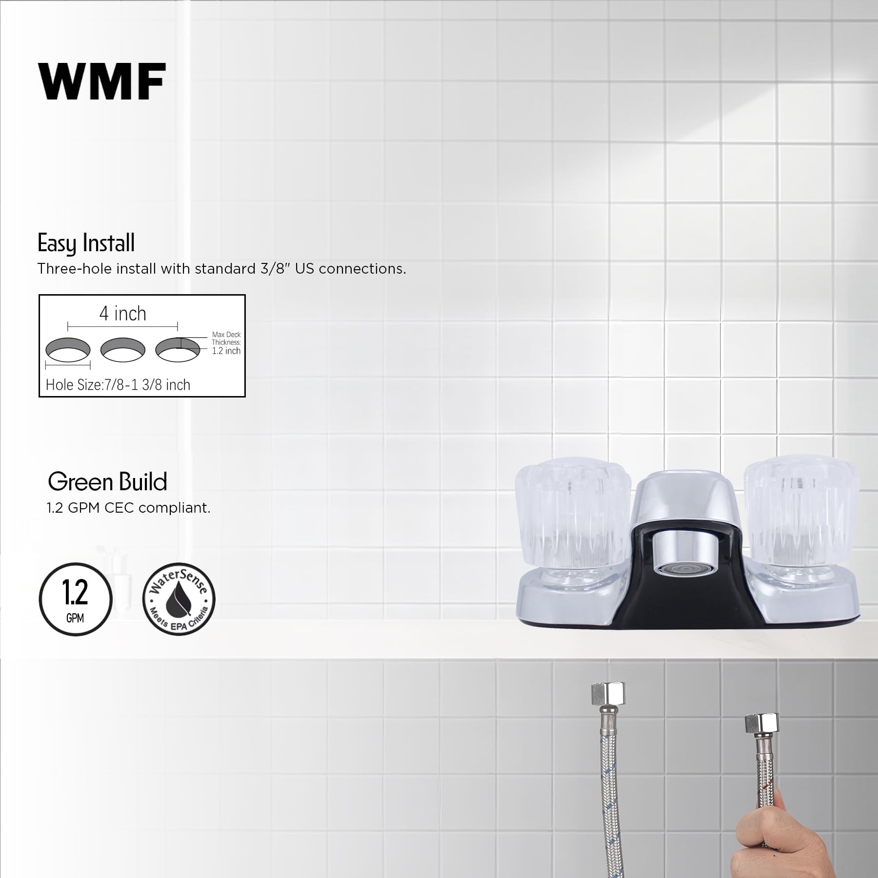 WMF-4224-BN RV Bathroom Faucet with Double Handle Polished Chrome Brushed Nickel Plating Over ABS Plastic 4 on Center — view 6