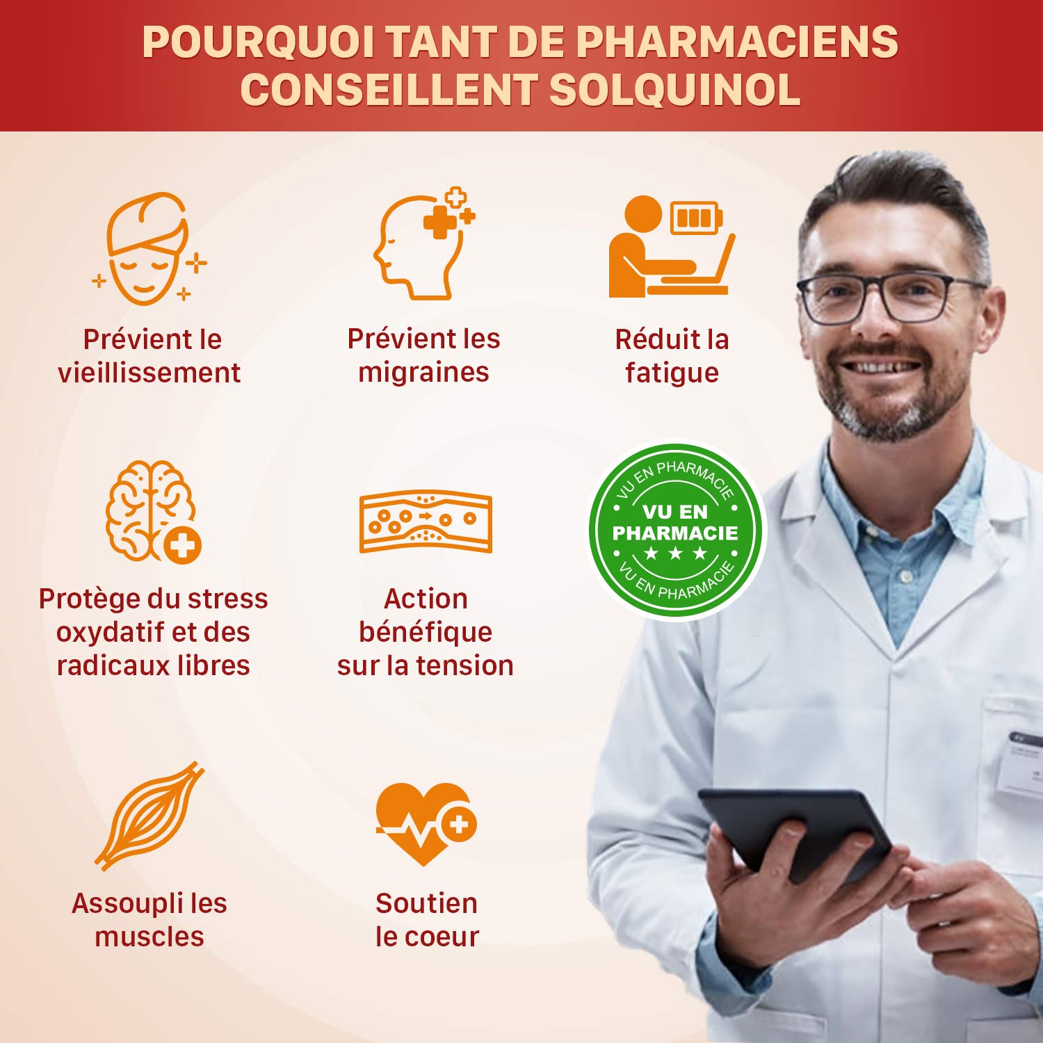 SOLQUINOL. COENZYME Q10 UBIQUINOL KANEKA Pure et Stable, La seule forme étudiée et démontrée - Antioxydant Radicaux Libres, Anti-âge, Anti-fatigue. 30 capsules de 100mg d’ubiquinol. Laboratoire SOLAGE