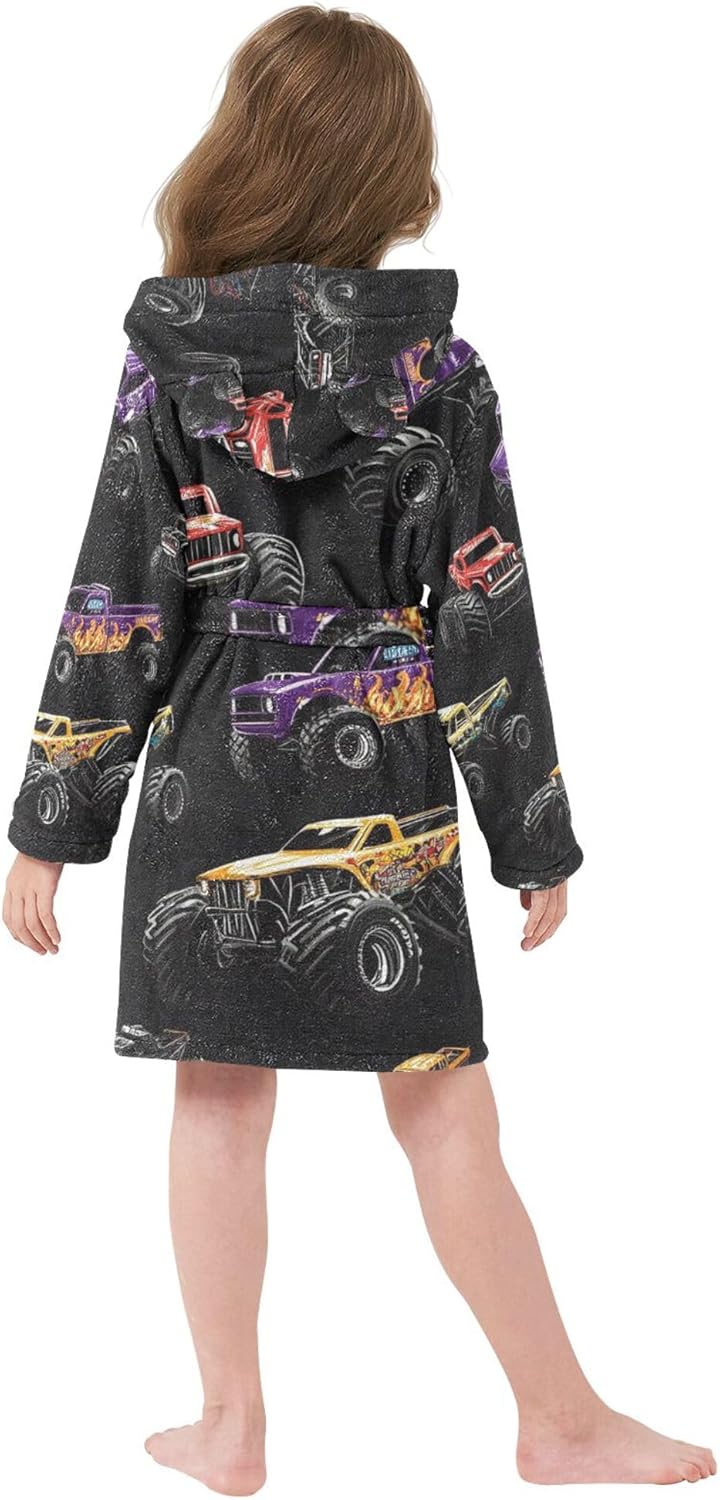 Monster Trucks Cars Bathrobe Hooded PJ Robe Soft Fleece Robe Pajama Sleepwears 2-12 Years