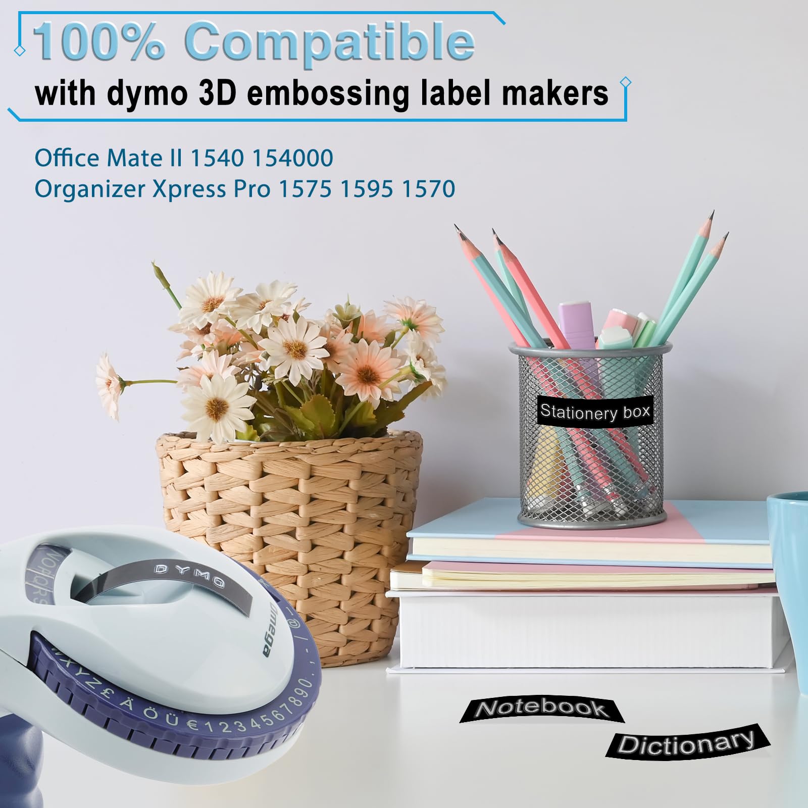 POPOBUY 20 Pack Embossing Label 1/2 Inch A521209 Compatible for DYMO 3D Plastic Emboss Tape 521209 White on Black, 12mm x 3m for Office Mate II 1540 154000, MoTEX E101 E404 Label Makers