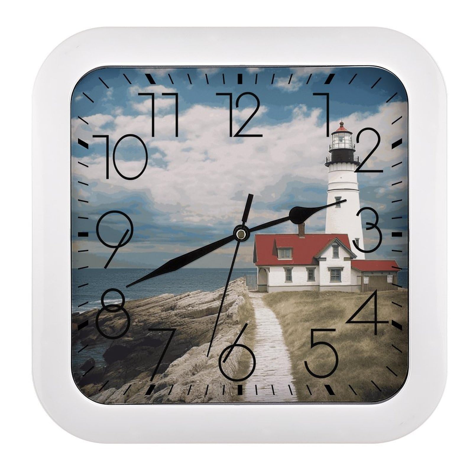 FekiLoot Lighthouse Backdrop Wall Clock 10.2" Modern Farmhouse Square Clocks Silent No Ticking, Wall Art and Timepiece Clock for Shelf Table Mantel Or Bedside Clocks