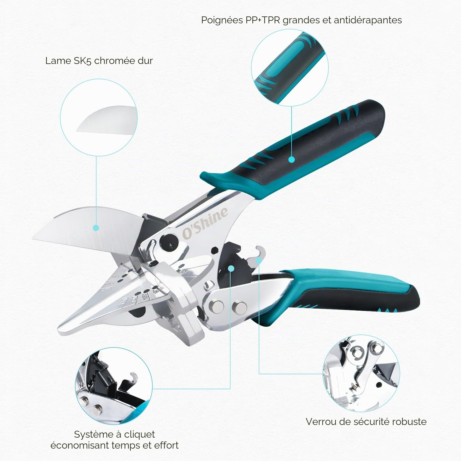 O'Shine Ciseaux à Onglets Multi-Angles à Cliquet - Cisaille à Onglet Professionnelle 45-135° pour Moulures, PVC et Bois - Système à Crémaillère pour Effort Réduit - avec 1 Lame de Rechange