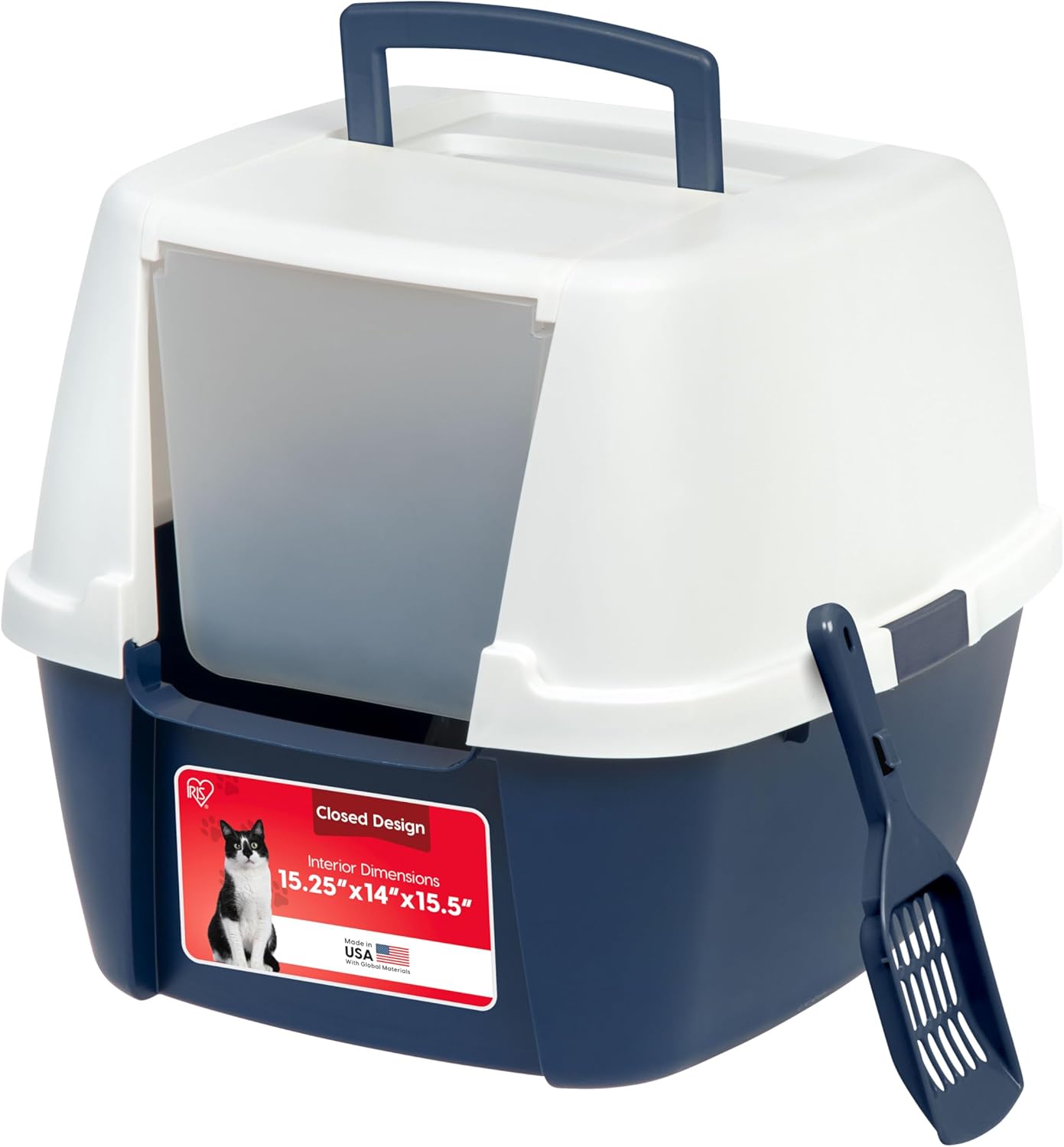 IRIS USA Large Cat Litter Box with Front Door Flap, Covered Enclosed Litter Box Enclosure with Scoop, Handle & Buckles for Portability & Privacy, Hidden Litter Pan, Navy/White