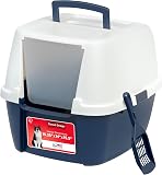 Amazon product image of IRIS USA Large Front Door Cat Litter Box, Walk-in Entry, Navy | Nervous Cats, Private Enclosure Design, Covered Walk-Through, Flip Door Access, Privacy Hood, Contained Environment