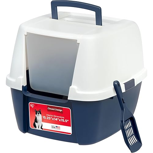 IRIS USA Cat Litter Box, Large Enclosure with Front Door Flap and Scoop, Covered Box with Handle and Buckles for Portability and Privacy, Navy/White