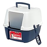 IRIS USA Cat Litter Box, Large Enclosure with Front Door Flap and Scoop, Covered Box with Handle and Buckles for Portability and Privacy, Navy/White