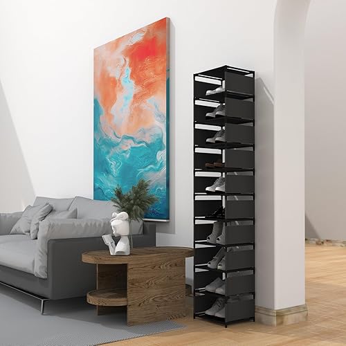 Miniatura 8 de Zapatero alto y estrecho vertical para entrada de puerta delantera, 10 niveles, organizador de zapatos de metal resistente para entrada de armario