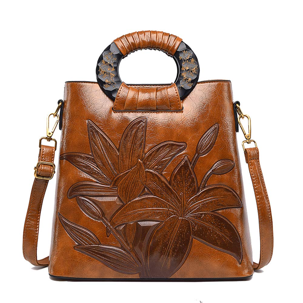 Bolso de Mano con Bandolera per Mujer Bolsos Mango de Madera Estampado de Flores de Clásico Bolso de Hombro Marrón