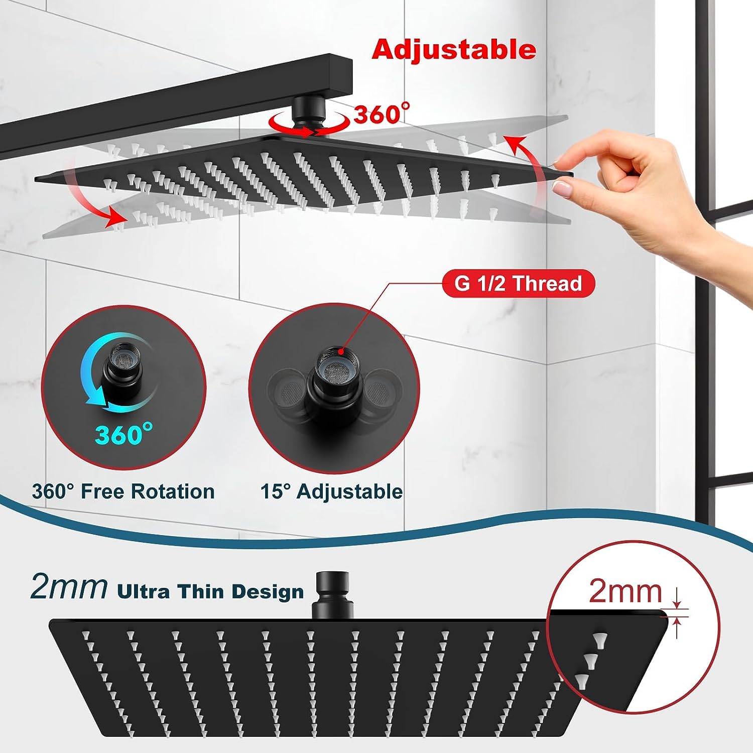 Soffione doccia quadrato a pioggia, 30,5 cm, grande soffione fisso a pioggia con regolazione dell'angolo, in acciaio inossidabile 304 con nero opaco, montaggio standard, facile sostituzione
