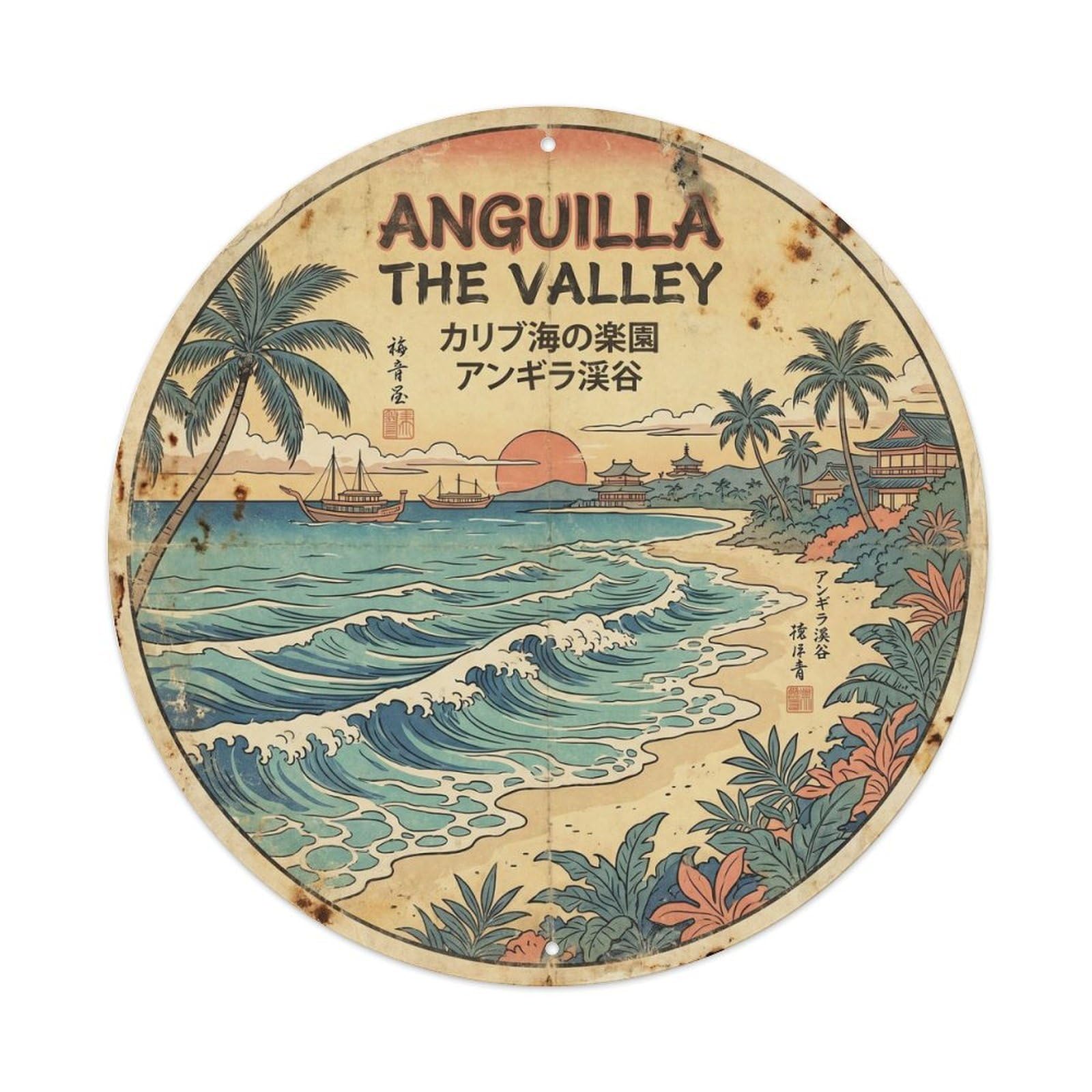 Olhnbad 08X08inch Style Anguilla Valley Island Resort Woodblock Travel Metal Tin Sign