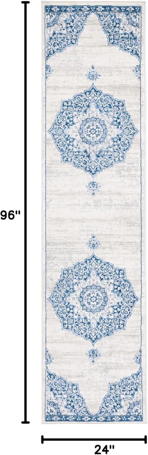 SAFAVIEH Brentwood Collection Runner Rug - 2' x 8', Ivory & Navy, Medallion Distressed Design, Non-Shedding & Easy Care, Ideal for High Traffic Areas in Living Room, Bedroom (BNT802D)