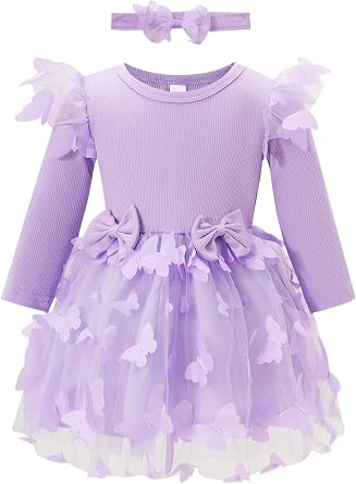 Baby Toddler Girls Tutu Dress Birthday Wedding Party Dresses Long Sleeve Bowknot Sundress with Headband 3 Months-3 Years