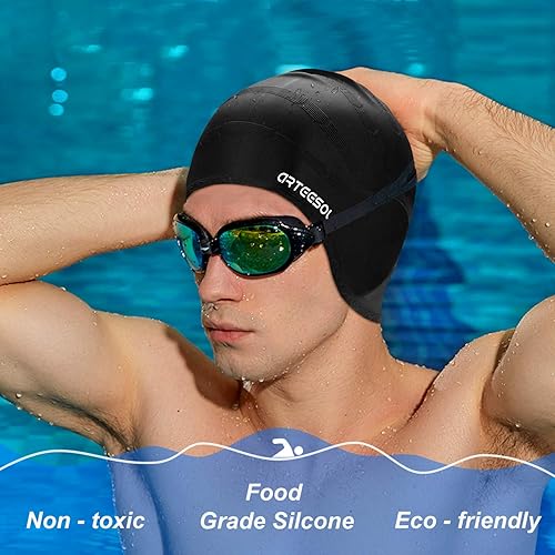 Vista 4 de Swimming Cap, Silicone Swim Cap for Women Men, Durable Non-Slip Waterproof Swim Cap Protect Ears, Long Hair for Adults, Older Kids Carbon,2
